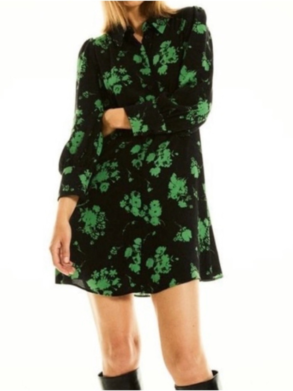 Zara Black Mini Button-Front Shirt Dress with Green Floral Print - Size S